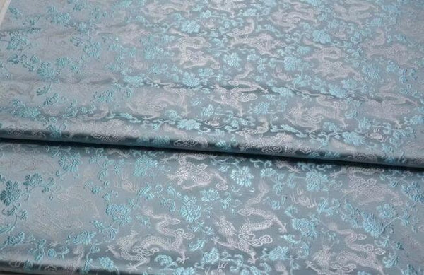 Light blue color brocade fabric with Chinese silver dragon pattern, jacquard fabric, by the yard