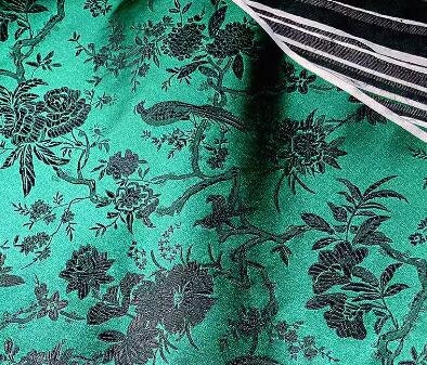 Hunter Green color brocade fabric with black bird flower pattern, wedding jacquard fabric, by the yard