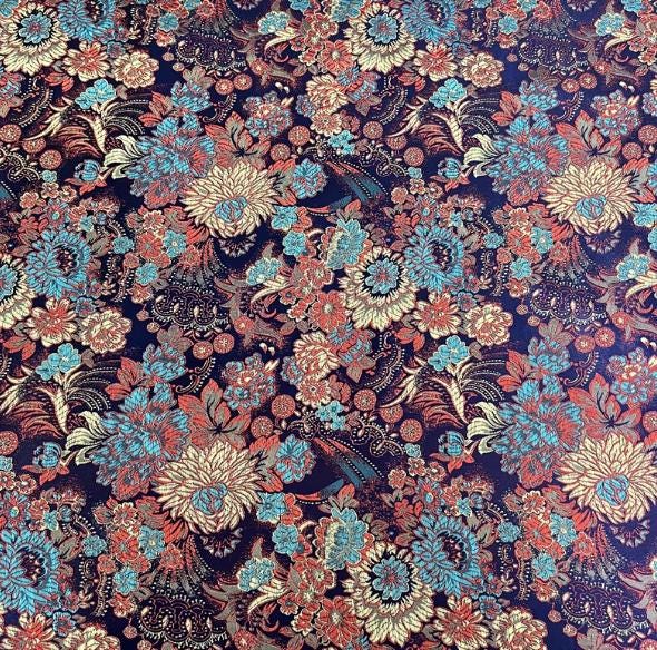 Navy blue Color Brocade Satin Fabric With Flower Pattern, Jacquard Fabric, Cosplay Dress Fabric, Fabric by the yard