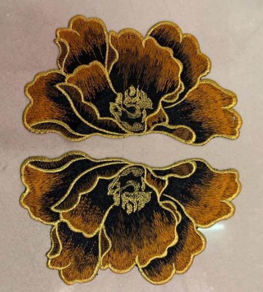 Golden Brown Color Embroidery Peony Applique, Embroidery Patches, Clothing Accessories