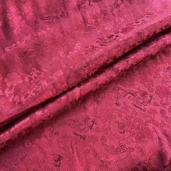 Dark red color silk jacquard fabric with dragon pattern,  Cosplay dress fabric