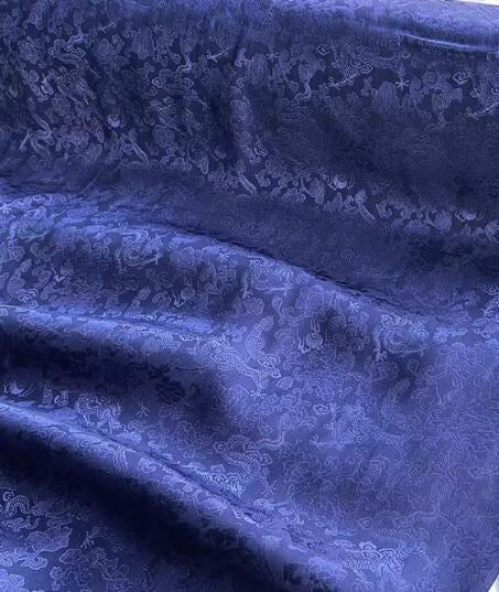 Navy blue color silk jacquard fabric with dragon pattern,  Cosplay dress fabric