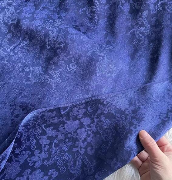 Navy blue color silk jacquard fabric with dragon pattern,  Cosplay dress fabric