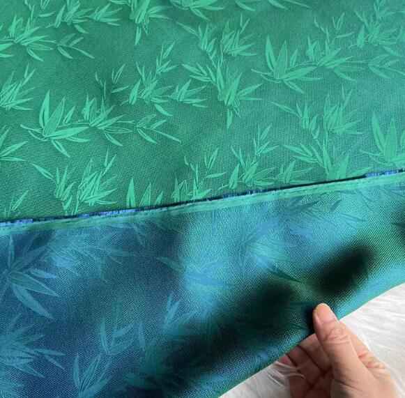 Green color silk jacquard fabric with Bamboo leaves,  Cosplay dress fabric