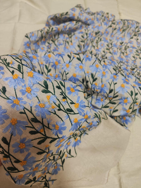 High Quality Linen Cotton With Embroidered Light Blue Color Daisy, Ramie Fabric, Daisy Fabric, DIY Bag/Curtains/ Tablecloth Fabric,
