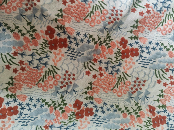 High Quality Cotton Linen Fabric With Embroidered Flora and Leaf Pattern, Embroidered Flower Linen Fabric, Fabric by the yard