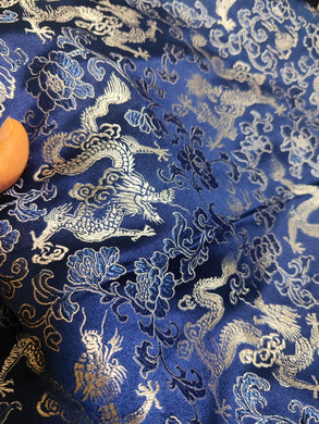 Navy blue color brocade fabric with Chinese silver dragon pattern, jacquard fabric, Cosplay dress fabric, by the yard