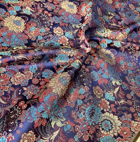 Navy blue Color Brocade Satin Fabric With Flower Pattern, Jacquard Fabric, Cosplay Dress Fabric, Fabric by the yard