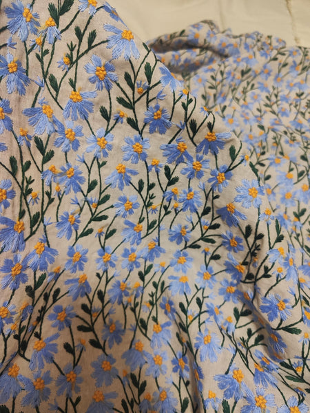 High Quality Linen Cotton With Embroidered Light Blue Color Daisy, Ramie Fabric, Daisy Fabric, DIY Bag/Curtains/ Tablecloth Fabric,