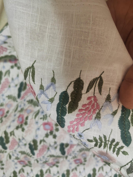 High Quality Cotton Linen Fabric With Embroidered Flower and Leaf Pattern, Embroidered Flower Linen Fabric, Fabric by the yard