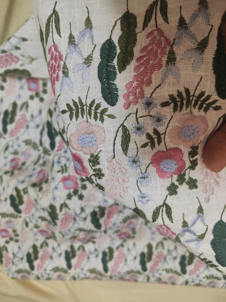 High Quality Cotton Linen Fabric With Embroidered Flower and Leaf Pattern, Embroidered Flower Linen Fabric, Fabric by the yard