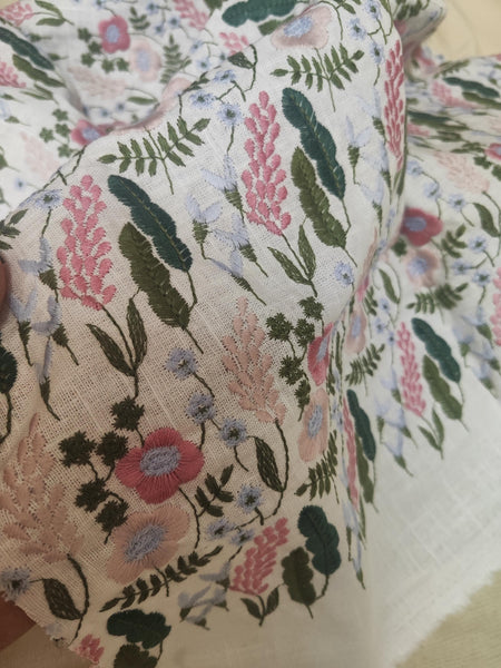 High Quality Cotton Linen Fabric With Embroidered Flower and Leaf Pattern, Embroidered Flower Linen Fabric, Fabric by the yard
