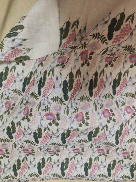High Quality Cotton Linen Fabric With Embroidered Flower and Leaf Pattern, Embroidered Flower Linen Fabric, Fabric by the yard