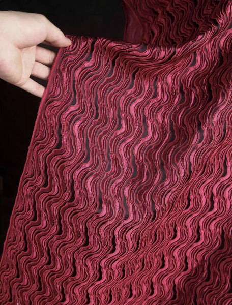 Autumn fabric, wine red color jacquard fabric with wave pattern, wedding jacket dress fabric,  cosplay dress fabric,  fabric by the yard