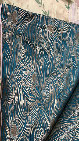Peacock blue color brocade fabric with feather pattern,  wide brocade fabric, wedding dress fabric, cosplay dress fabric