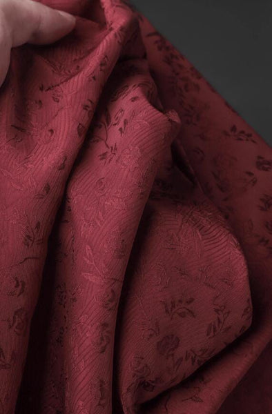 Dark red/cream yellow color jacquard fabric with floral pattern, wedding dress fabric, fabric by the yard