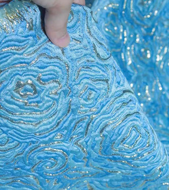 Light blue/green/navy blue color jacquard fabric with rose pattern,  Relief texture style jacquard fabric, wedding dress fabric,