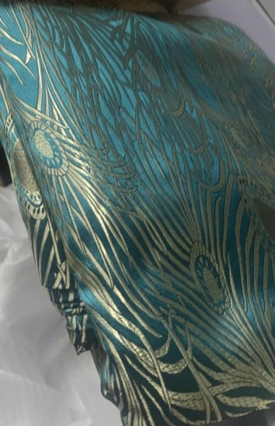 Peacock blue color brocade fabric with feather pattern,  wide brocade fabric, wedding dress fabric, cosplay dress fabric