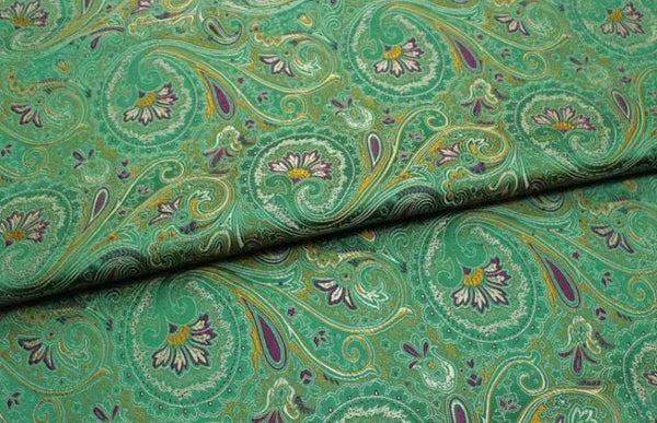 Green color brocade fabric with paisley pattern, jacquard fabric, Cosplay dress fabric, by the yard