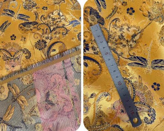 Gold yellow/black color brocade fabric, dragonfly pattern fabric, Cosplay dress fabric, Autumn fabric,57inches/147cmwide