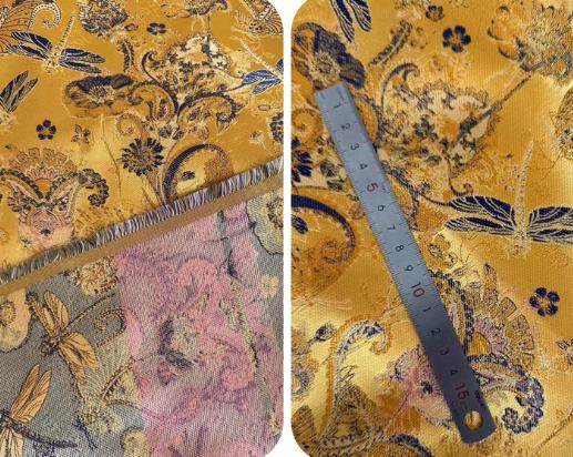 Gold yellow/black color brocade fabric, dragonfly pattern fabric, Cosplay dress fabric, Autumn fabric,57inches/147cmwide
