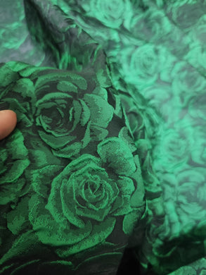 ON SALE, Black color jacquard fabric with dark green/gold color rose pattern, fashion  jacquard fabric, fabric by the yard