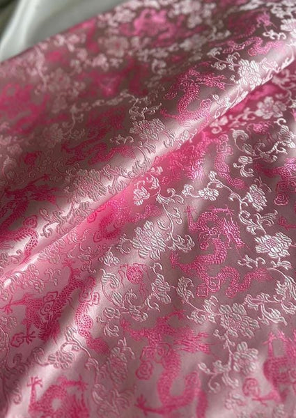 Light pink brocade fabric with dragon pattern, jacquard fabric, wedding dress fabric,