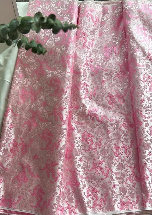 Light pink brocade fabric with dragon pattern, jacquard fabric, wedding dress fabric,