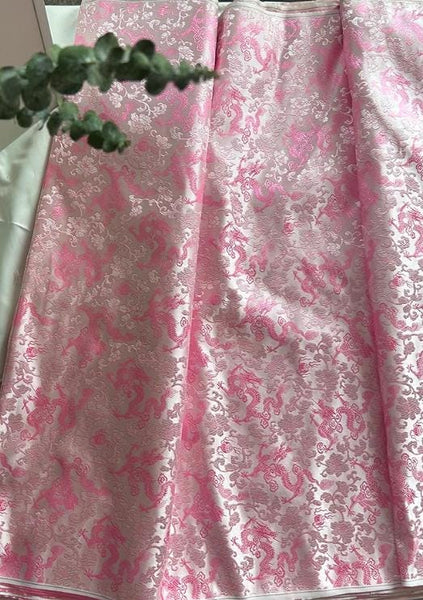 Light pink brocade fabric with dragon pattern, jacquard fabric, wedding dress fabric,