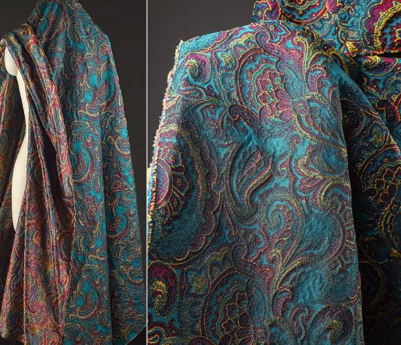 Lake blue color jacquard fabric, phoenix tail flower jacquard, texture retro fabric, suit jacket, clothing designer fabric, by the yard