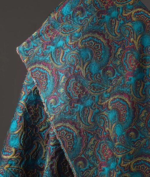 Lake blue color jacquard fabric, phoenix tail flower jacquard, texture retro fabric, suit jacket, clothing designer fabric, by the yard