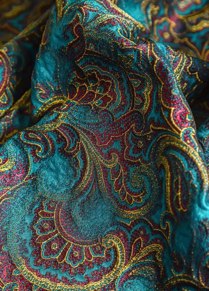 Lake blue color jacquard fabric, phoenix tail flower jacquard, texture retro fabric, suit jacket, clothing designer fabric, by the yard