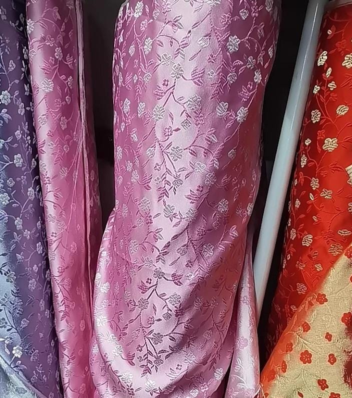 Pink white flower brocade fabric, jacquard fabric, fabric by the yard