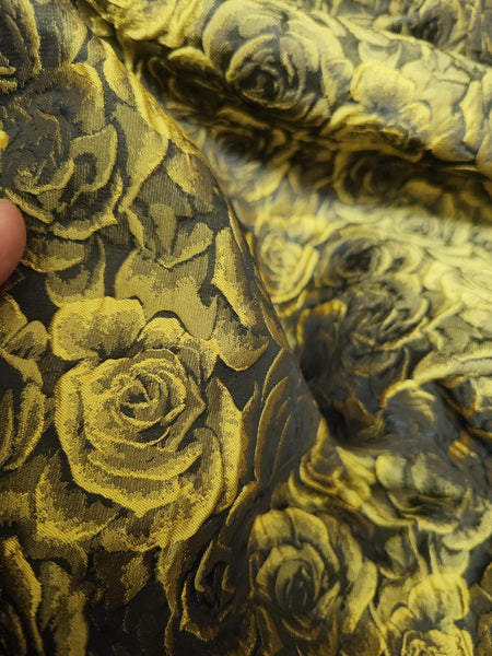 ON SALE, Black color jacquard fabric with dark green/gold color rose pattern, fashion  jacquard fabric, fabric by the yard
