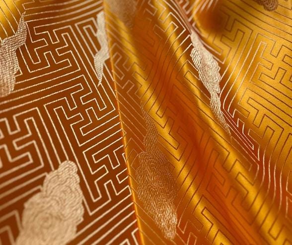 Gold yellow color brocade fabric, wide brocade fabric, cloud pattern brocade fabric, wedding dress fabric,