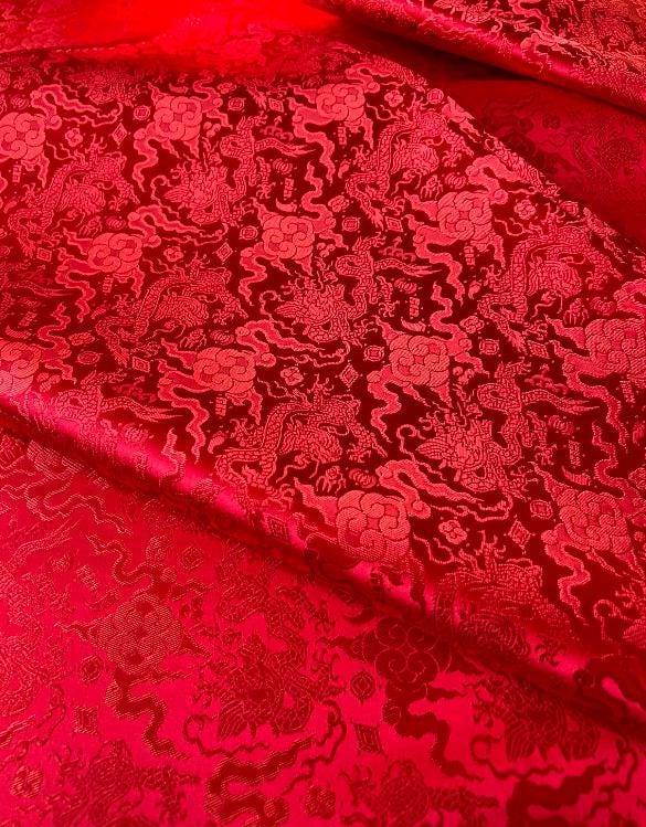 Red color brocade fabric with dragon pattern, jacquard fabric, fabric by the yard