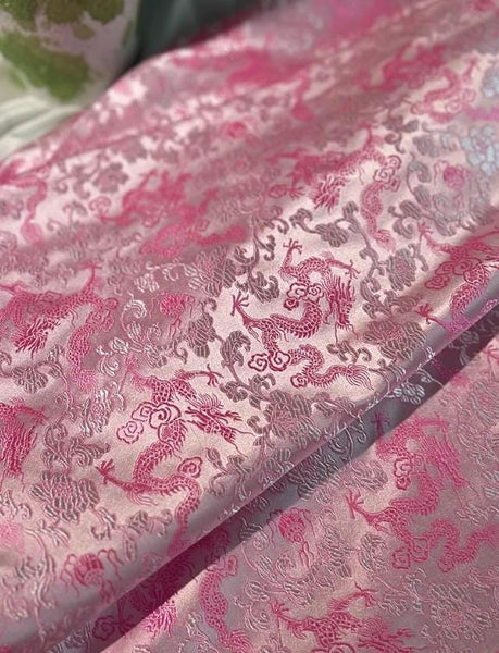 Light pink brocade fabric with dragon pattern, jacquard fabric, wedding dress fabric,