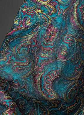 Lake blue color jacquard fabric, phoenix tail flower jacquard, texture retro fabric, suit jacket, clothing designer fabric, by the yard