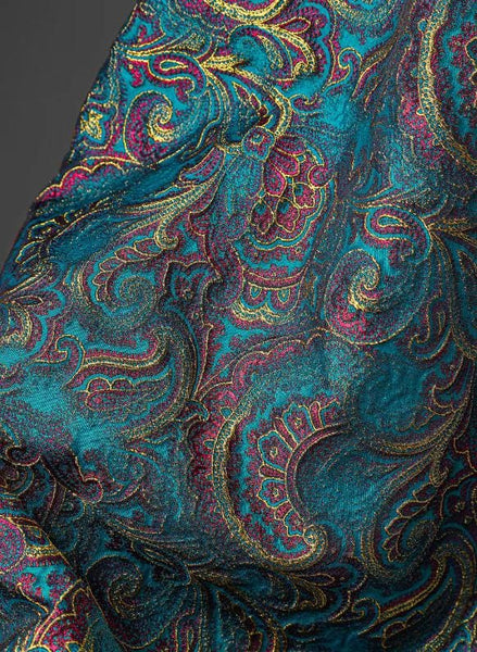 Lake blue color jacquard fabric, phoenix tail flower jacquard, texture retro fabric, suit jacket, clothing designer fabric, by the yard