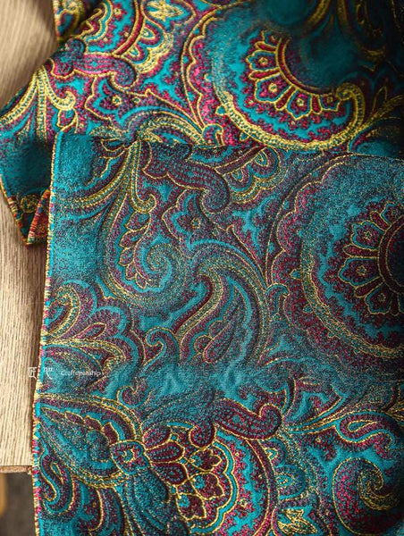 Lake blue color jacquard fabric, phoenix tail flower jacquard, texture retro fabric, suit jacket, clothing designer fabric, by the yard