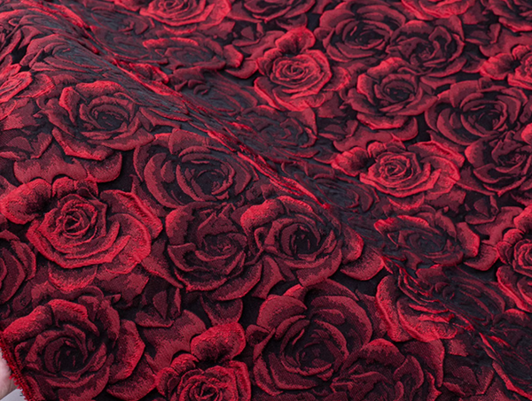 Red black rose embossed jacquard fabric, 3D rose pattern jacquard fabric,  Hanfu fabric, cosplay dress fabric