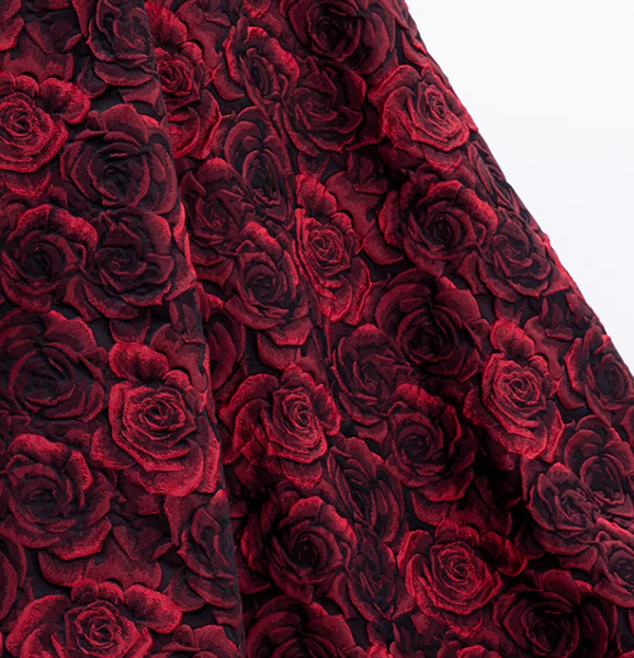 Red black rose embossed jacquard fabric, 3D rose pattern jacquard fabric,  Hanfu fabric, cosplay dress fabric