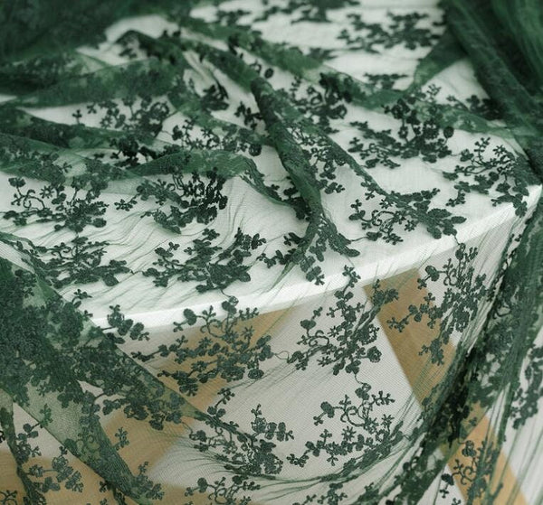 2 Color soft mesh embroidered fabric, dark green/black color mesh with cotton embroidered fabric, by the yard
