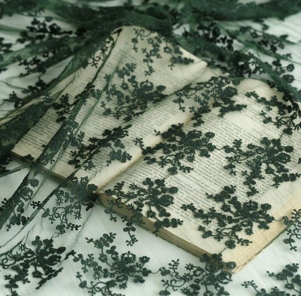 2 Color soft mesh embroidered fabric, dark green/black color mesh with cotton embroidered fabric, by the yard