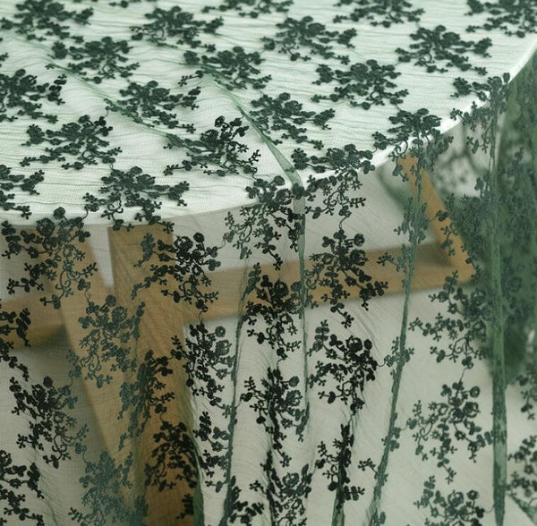 2 Color soft mesh embroidered fabric, dark green/black color mesh with cotton embroidered fabric, by the yard