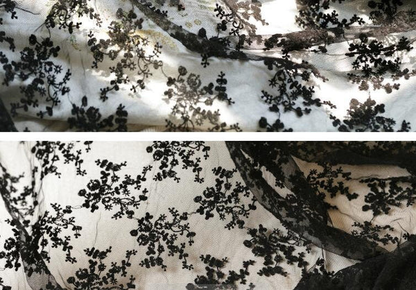 2 Color soft mesh embroidered fabric, dark green/black color mesh with cotton embroidered fabric, by the yard