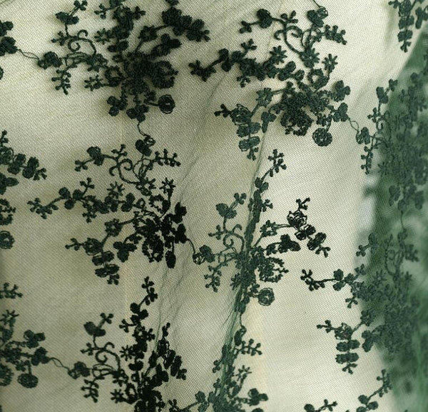 2 Color soft mesh embroidered fabric, dark green/black color mesh with cotton embroidered fabric, by the yard