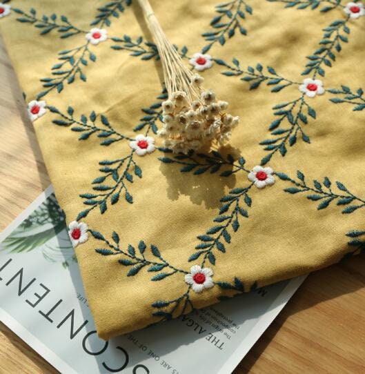Cotton linen fabric with embroidered flower, yellow color cotton linen fabric, by the yard