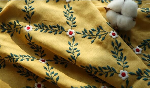 Cotton linen fabric with embroidered flower, yellow color cotton linen fabric, by the yard