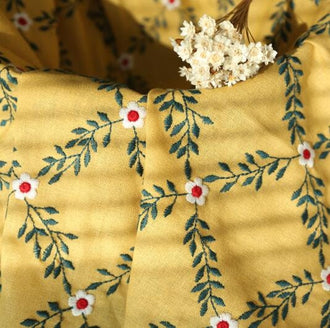 Cotton linen fabric with embroidered flower, yellow color cotton linen fabric, by the yard